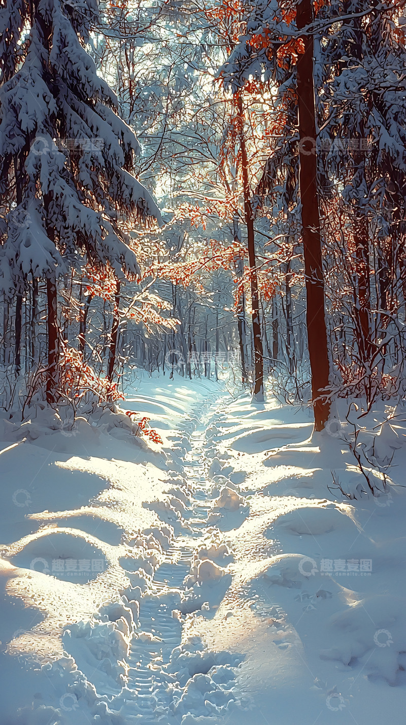 高清大图下载【趣麦麦图】冬日森林雪地小路