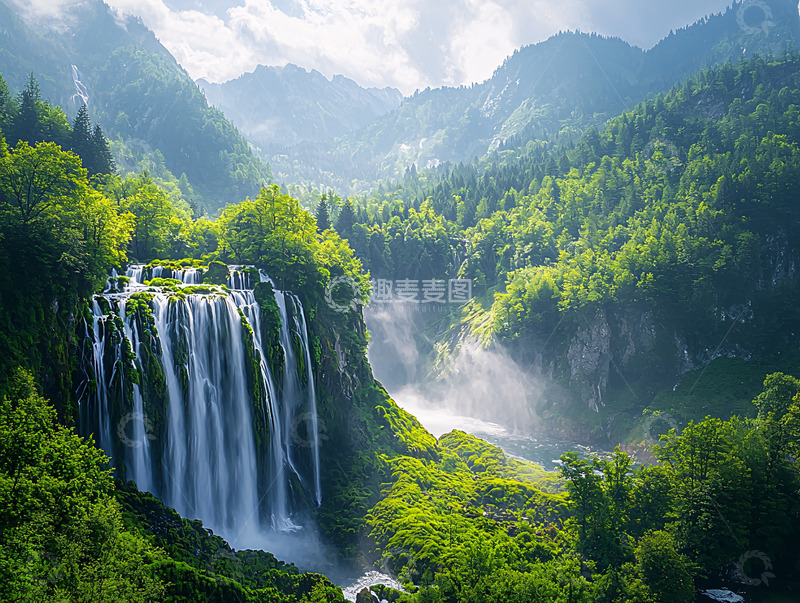 高清大图下载【趣麦麦图】壮丽瀑布在森林中