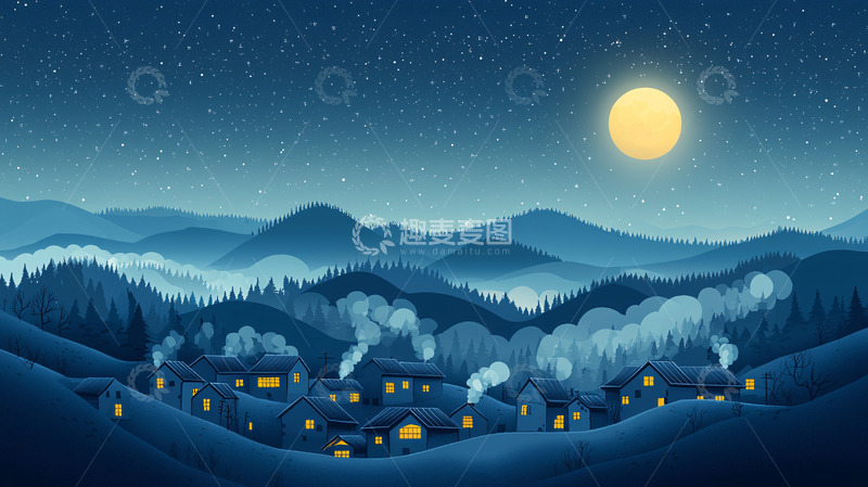 高清大图下载【趣麦麦图】蓝色山村夜景