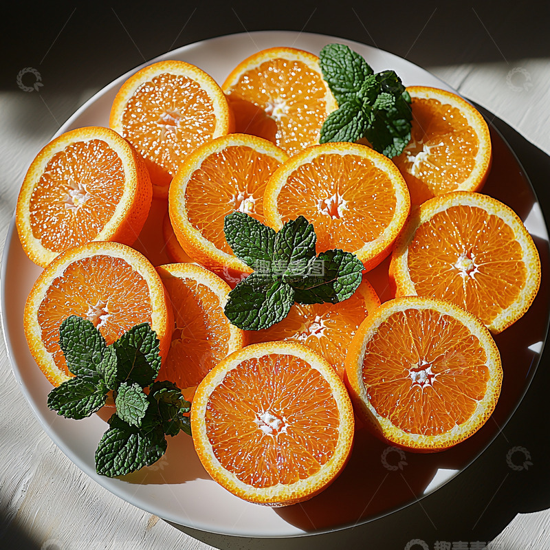 高清大图下载【趣麦麦图】橙子切片与薄荷叶特写