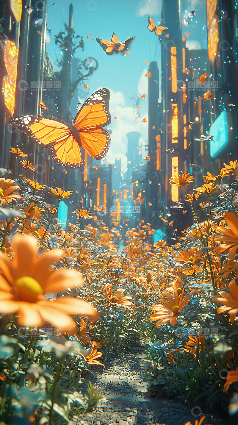 高清大图下载【趣麦麦图】未来都市花海蝴蝶