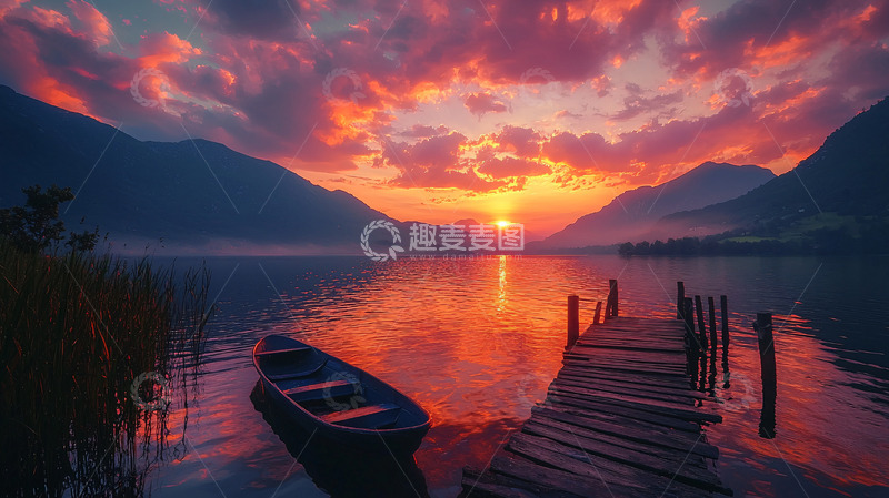 高清大图下载【趣麦麦图】湖边木质码头日落美景