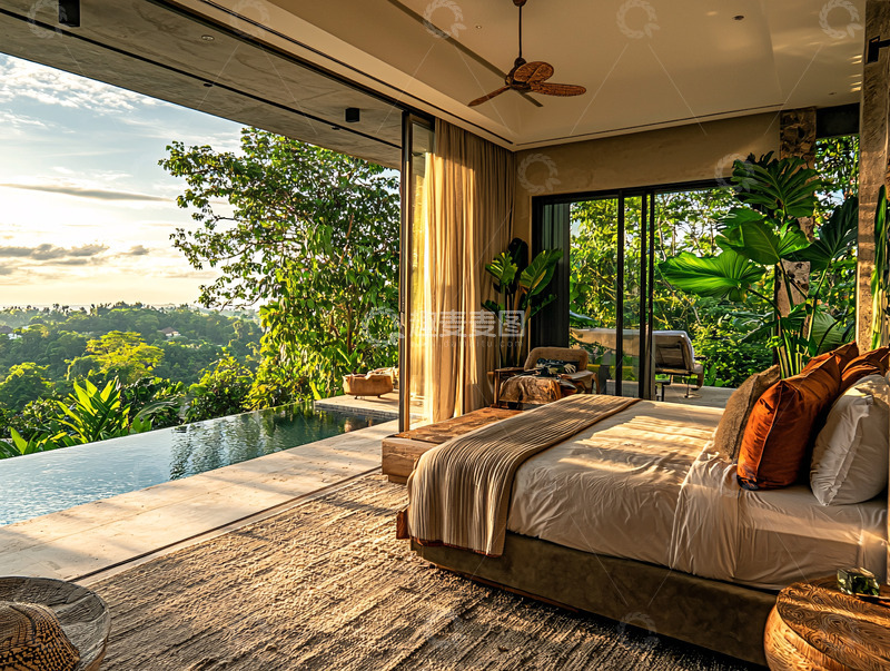 高清大图下载【趣麦麦图】日落景观泳池别墅卧室
