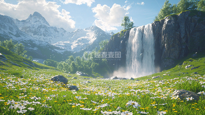 高清大图下载【趣麦麦图】山清水秀的瀑布花田