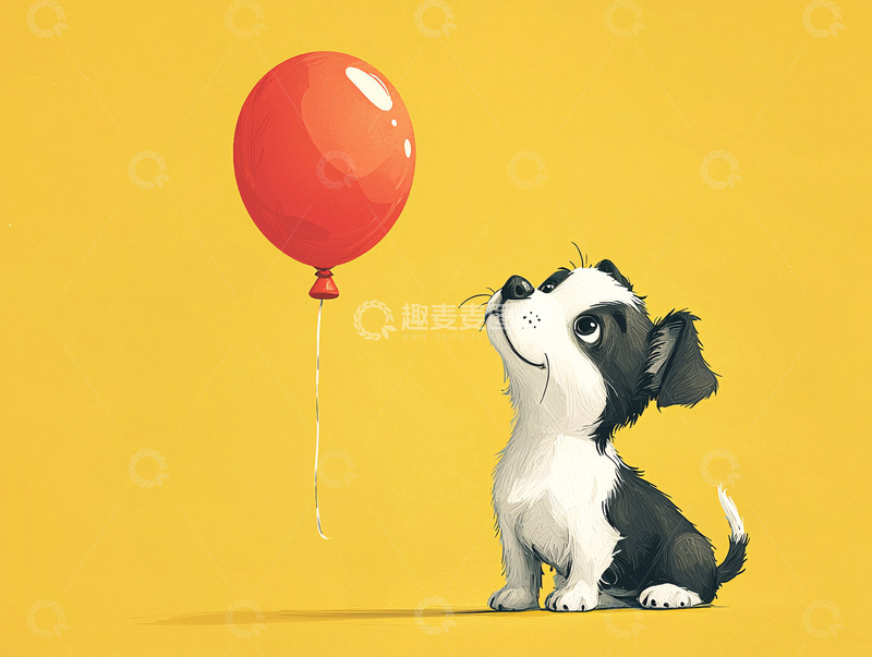 高清大图下载【趣麦麦图】小狗好奇地看着红色气球