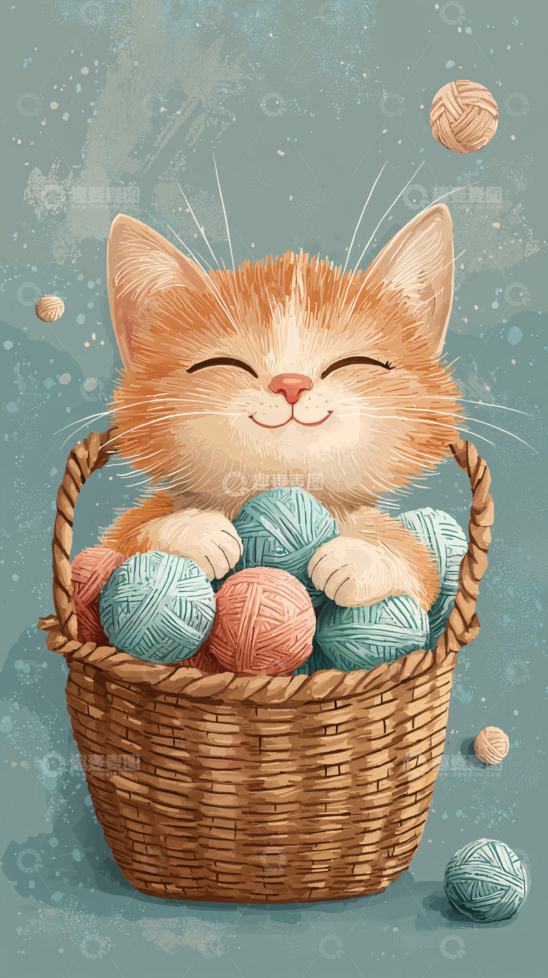 高清大图下载【趣麦麦图】可爱猫咪毛线球篮子
