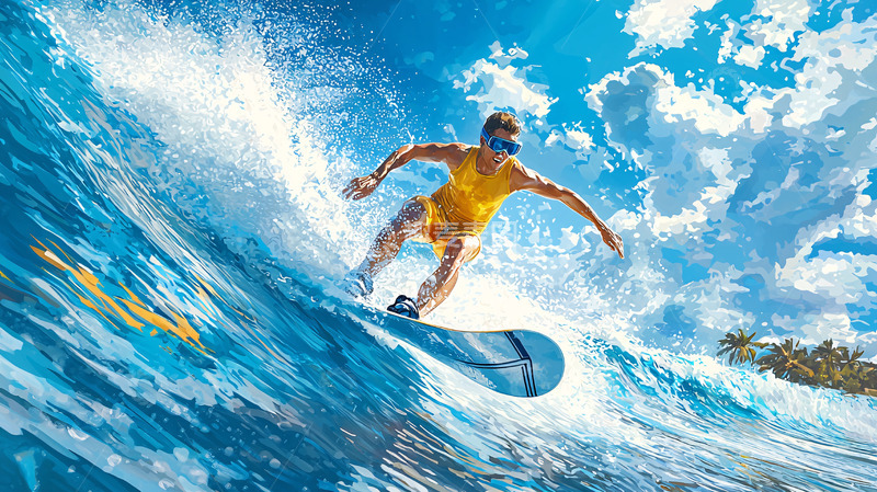 高清大图下载【趣麦麦图】冲浪者在蓝色大海中冲浪