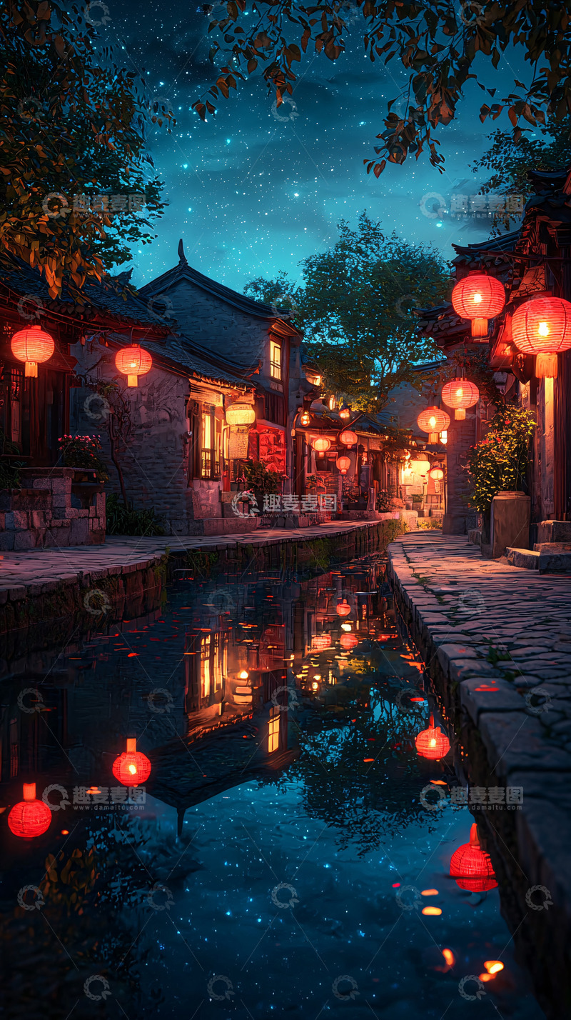 高清大图下载【趣麦麦图】夜晚古镇河边红灯笼