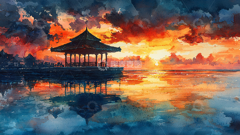 高清大图下载【趣麦麦图】水面倒影亭子的日落美景