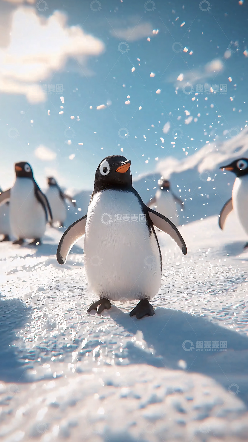 高清大图下载【趣麦麦图】可爱企鹅雪地嬉戏