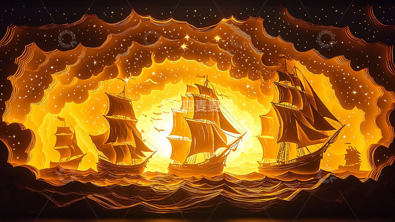 高清大图下载【趣麦麦图】金色剪影帆船