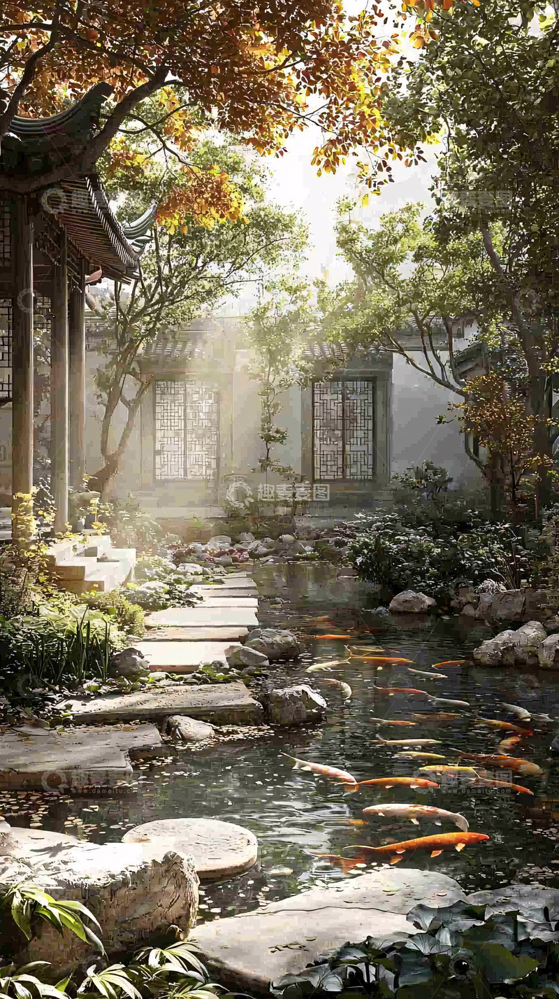 高清大图下载【趣麦麦图】秋日阳光下的中式庭院