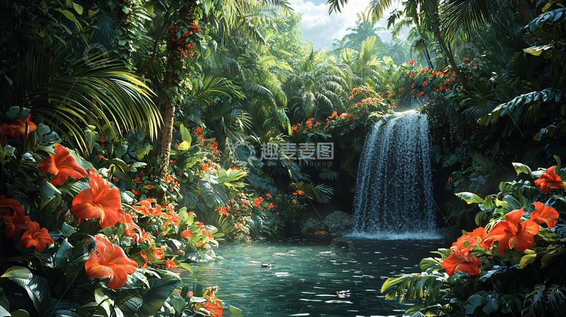 高清大图下载【趣麦麦图】热带雨林中的瀑布景观