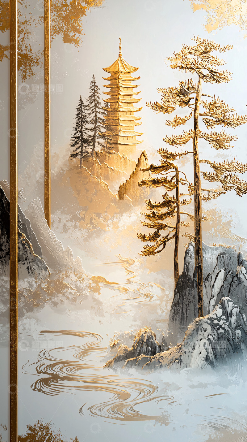 高清大图下载【趣麦麦图】金色山水画