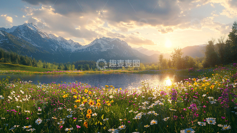 高清大图下载【趣麦麦图】日出山峰花海湖泊