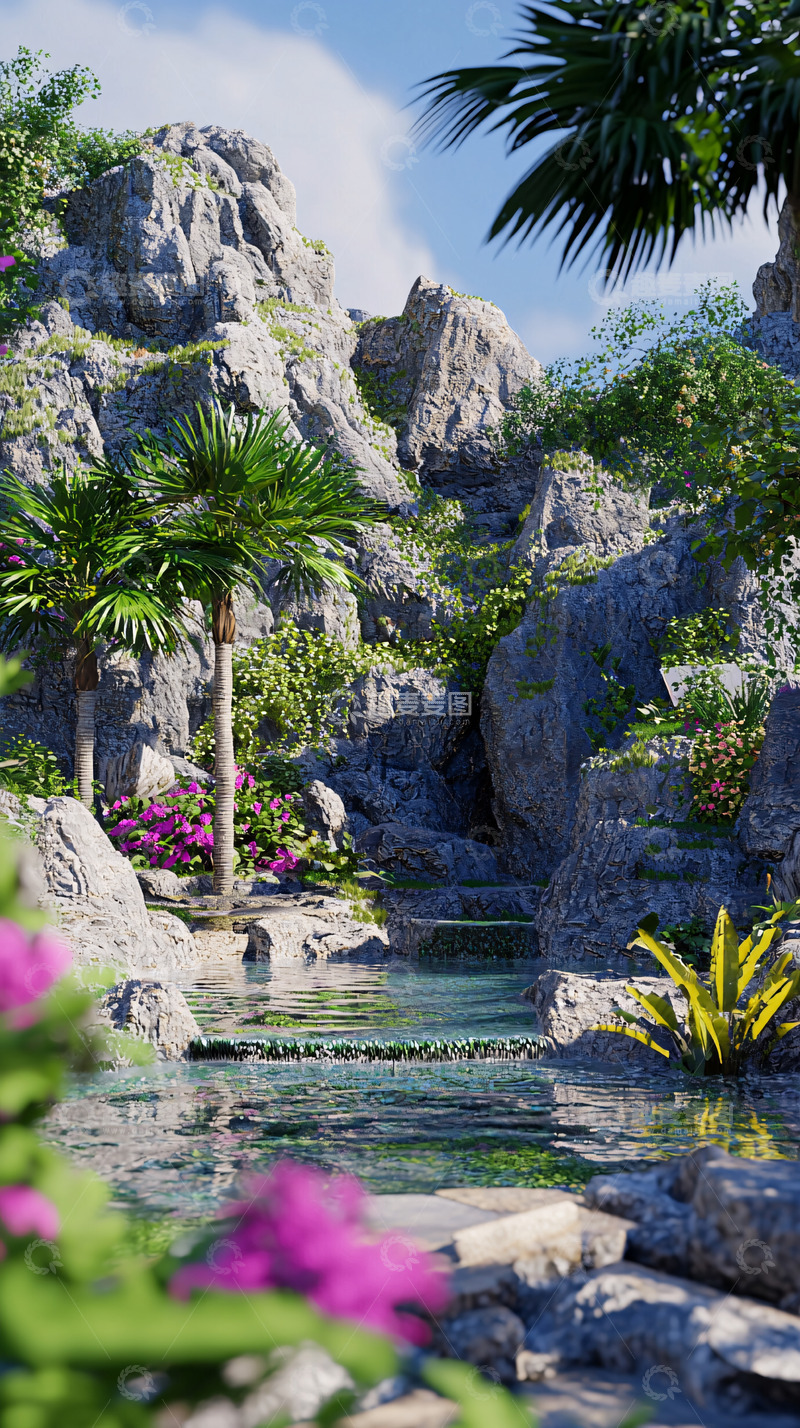 高清大图下载【趣麦麦图】热带雨林溪流景观