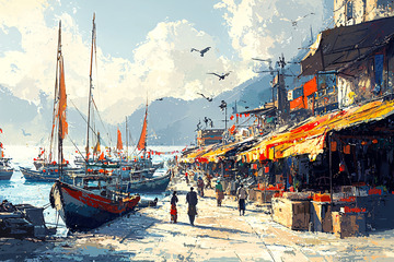 阳光下的港口小镇