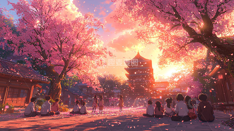 高清大图下载【趣麦麦图】唯美日式樱花夕阳