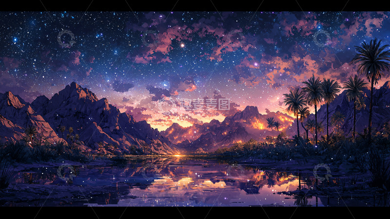 高清大图下载【趣麦麦图】梦幻星空山脉湖泊