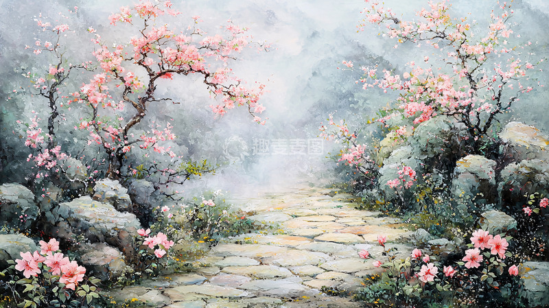 高清大图下载【趣麦麦图】粉红色樱花石板路