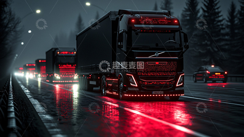 高清大图下载【趣麦麦图】雨夜高速公路卡车车队