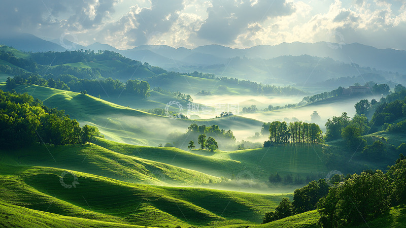 高清大图下载【趣麦麦图】雾气缭绕的绿色山峦