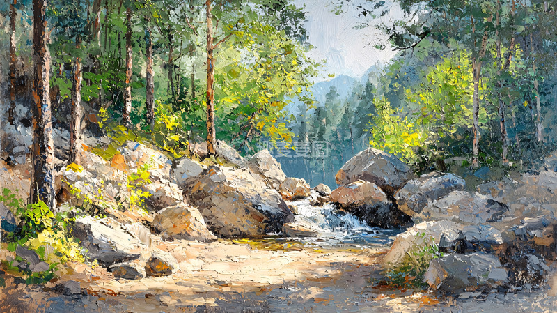 高清大图下载【趣麦麦图】阳光穿透树林的山间溪流