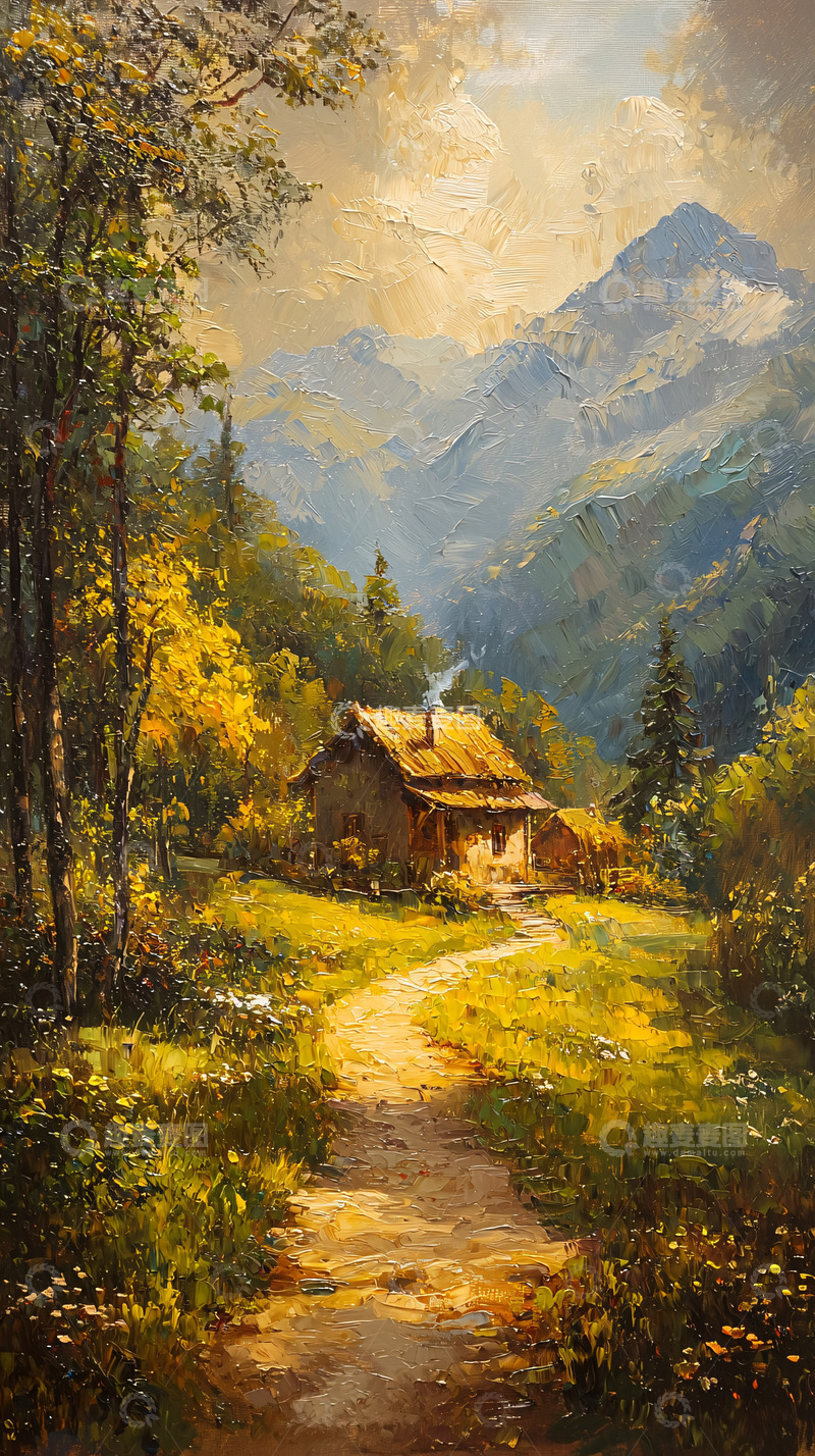 高清大图下载【趣麦麦图】山间小屋田园小路风景画