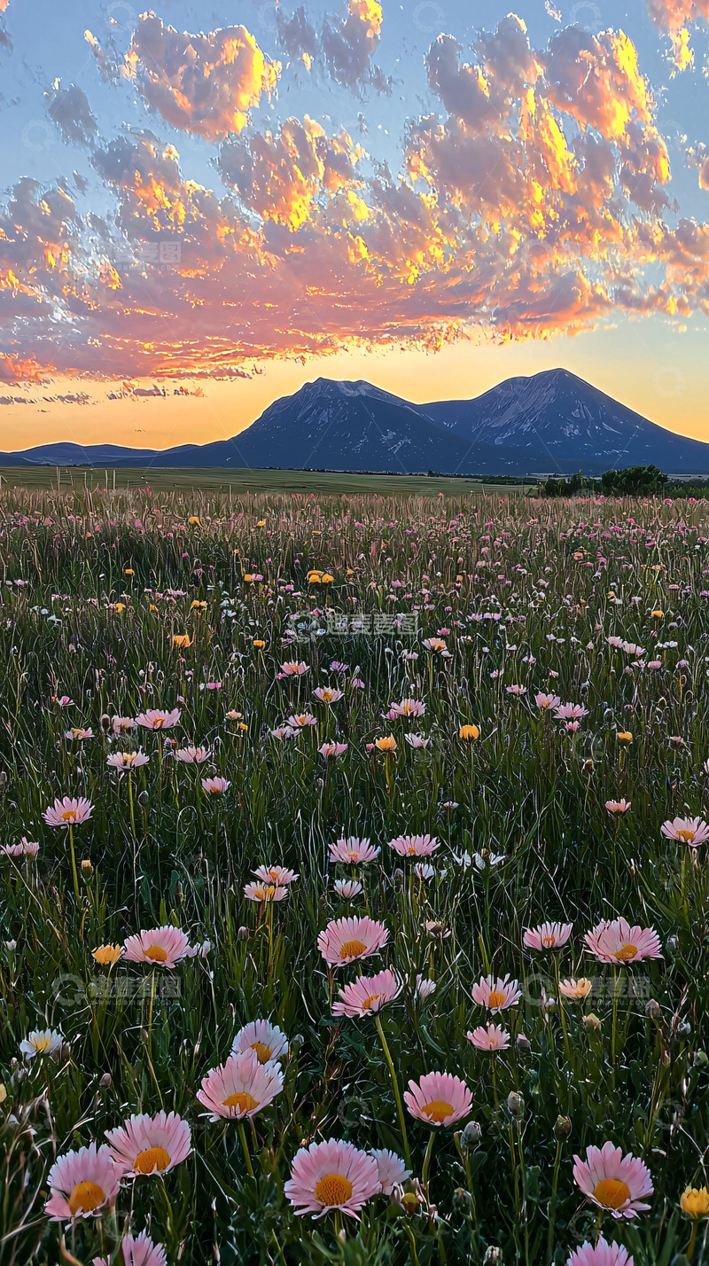 高清大图下载【趣麦麦图】夕阳下花海与山峦