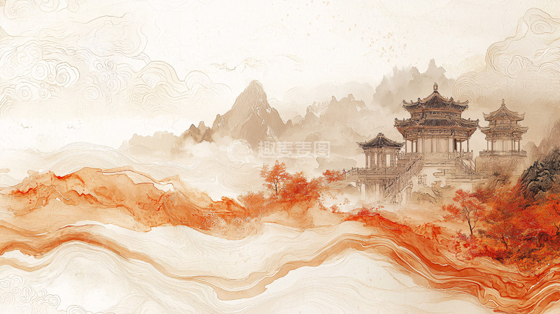 高清大图下载【趣麦麦图】水墨风格的亭台楼阁山水画