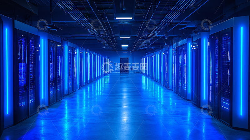 高清大图下载【趣麦麦图】蓝色灯光服务器机房走廊