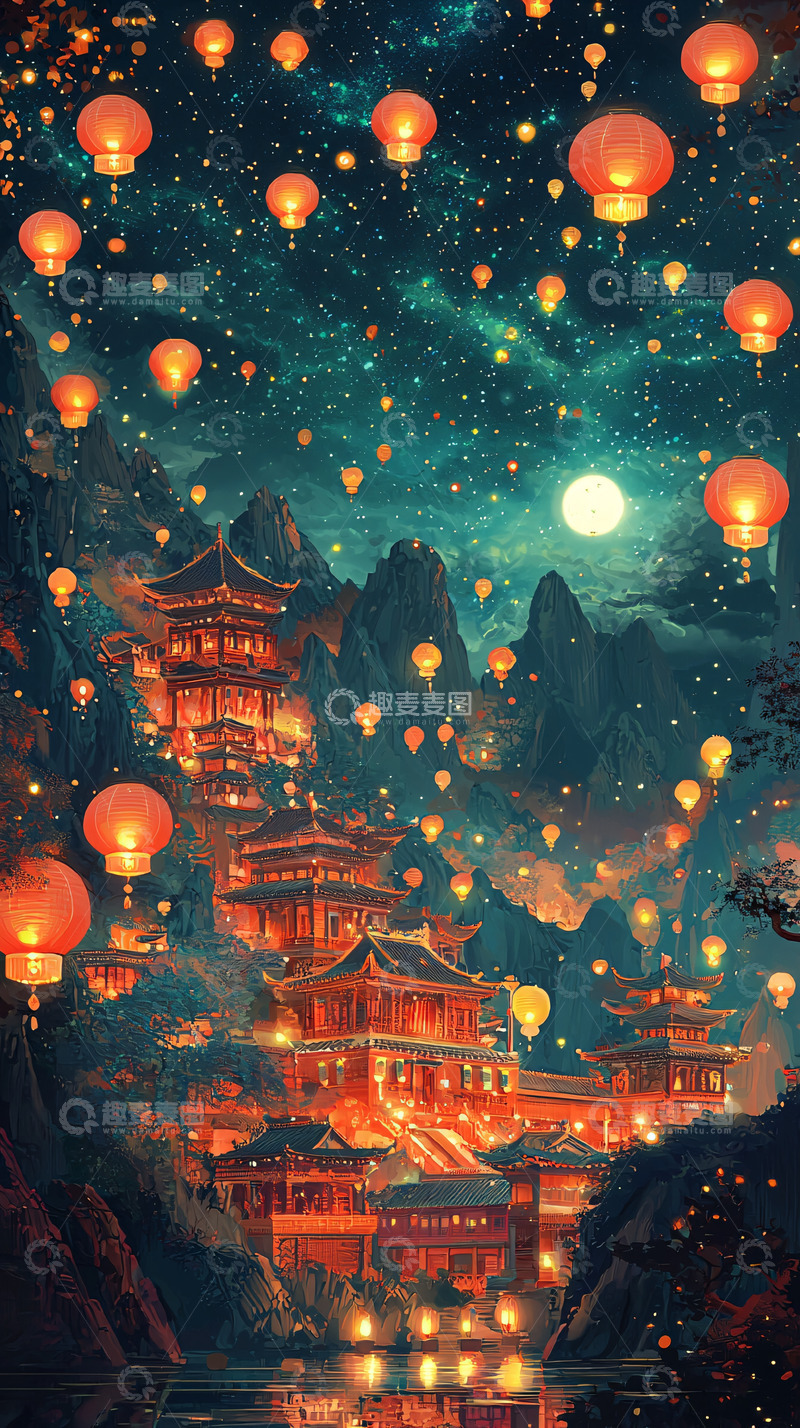 高清大图下载【趣麦麦图】灯笼照亮夜空下的古建筑