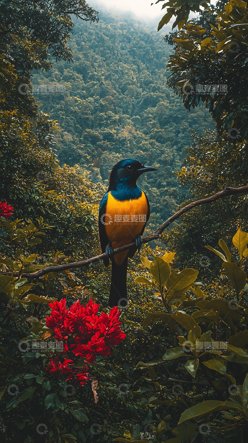 高清大图下载【趣麦麦图】黄蓝相间的小鸟栖息枝头
