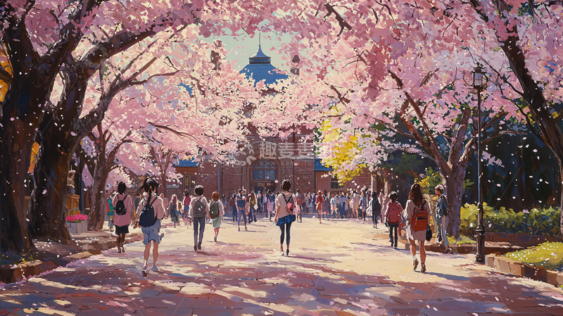 高清大图下载【趣麦麦图】樱花树下人群漫步