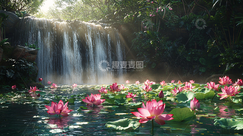 高清大图下载【趣麦麦图】瀑布荷花