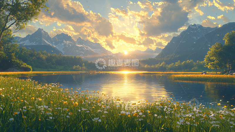 高清大图下载【趣麦麦图】日出山峰湖泊花海