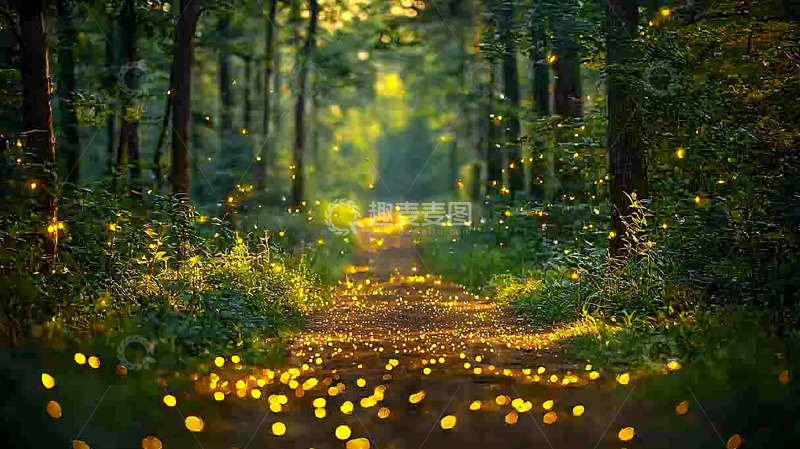 高清大图下载【趣麦麦图】森林小路萤火虫