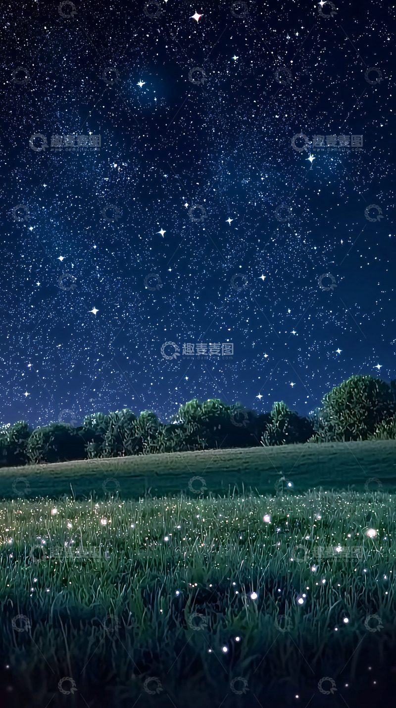 高清大图下载【趣麦麦图】星空下的萤火虫草地
