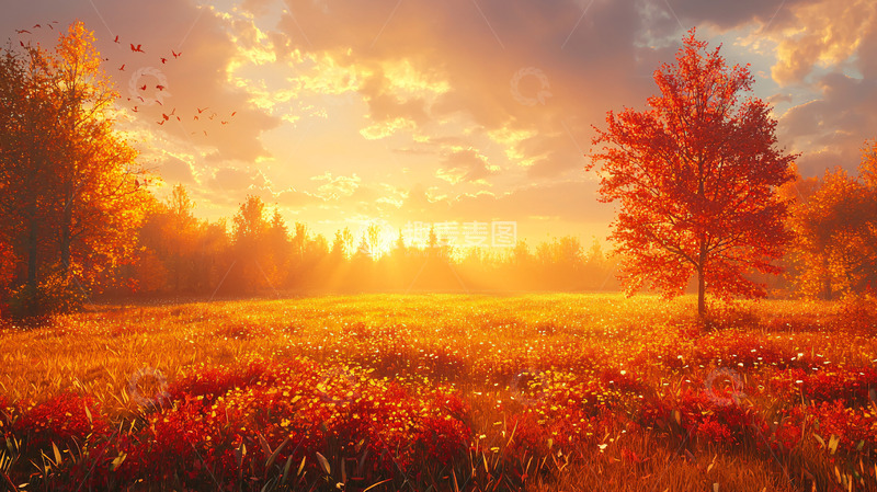 高清大图下载【趣麦麦图】秋日暖阳下的红叶田野