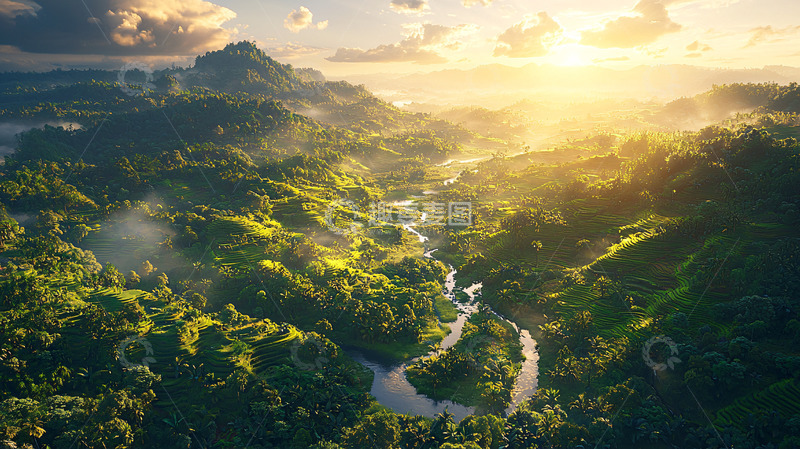 高清大图下载【趣麦麦图】日出山峦河流峡谷绿色植被