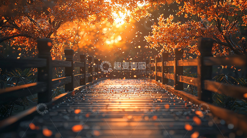 高清大图下载【趣麦麦图】秋日阳光下的木桥落叶
