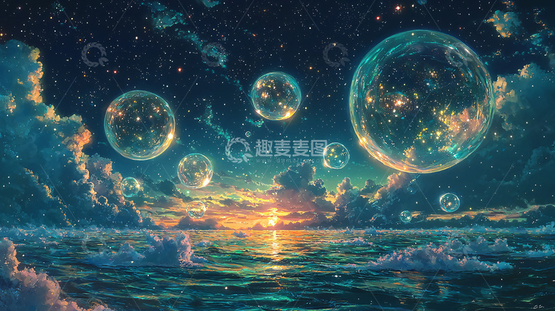 高清大图下载【趣麦麦图】星空泡泡海面日落