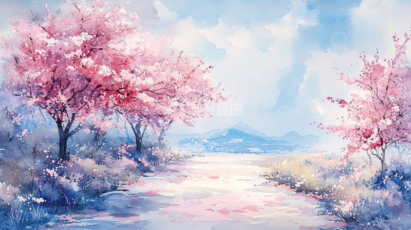 高清大图下载【趣麦麦图】粉色樱花树水彩画