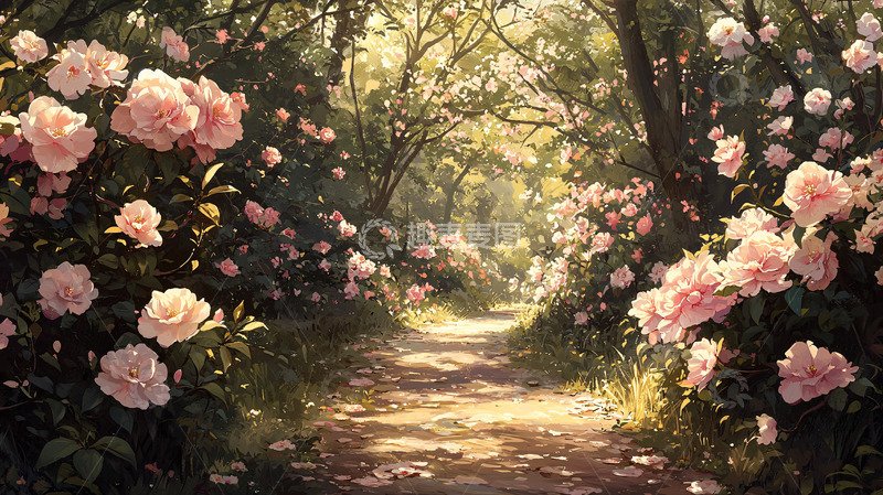 高清大图下载【趣麦麦图】粉色蔷薇花丛小路