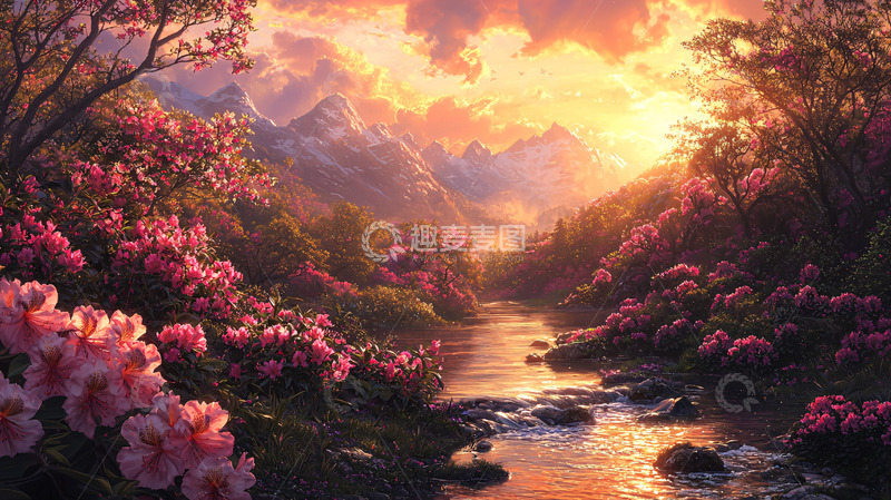 高清大图下载【趣麦麦图】鲜花盛开的山间河流夕阳美景