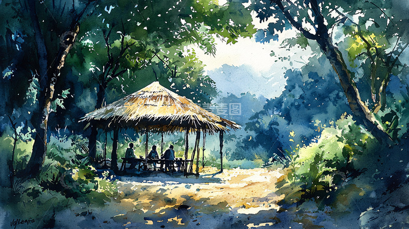 高清大图下载【趣麦麦图】树林小屋水彩画