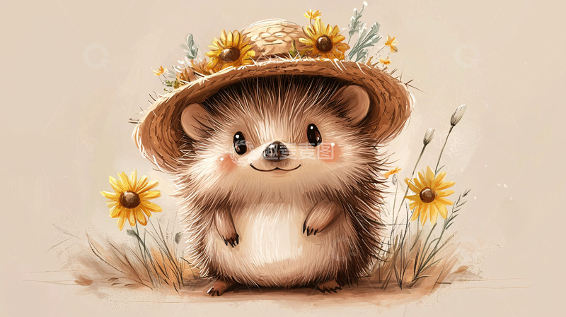 高清大图下载【趣麦麦图】戴着花帽的可爱刺猬