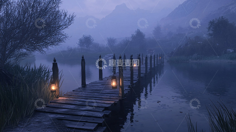 高清大图下载【趣麦麦图】雾气笼罩的木桥