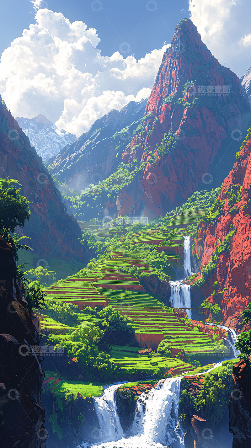 高清大图下载【趣麦麦图】山间梯田瀑布的壮丽景色