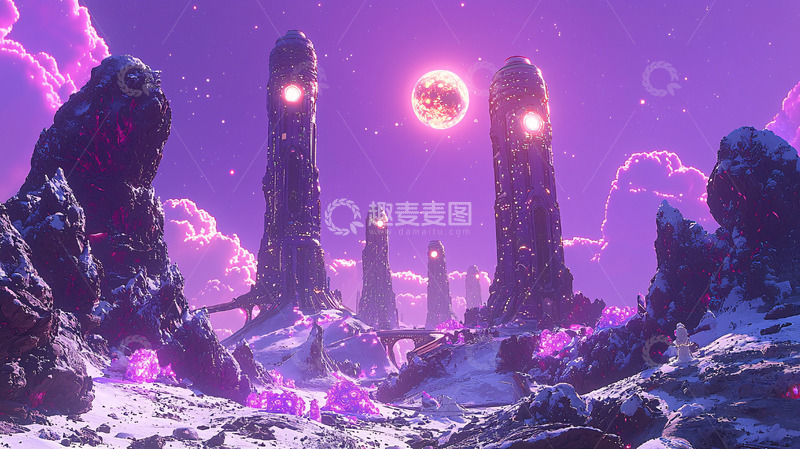 高清大图下载【趣麦麦图】紫色天空下的奇幻雪地